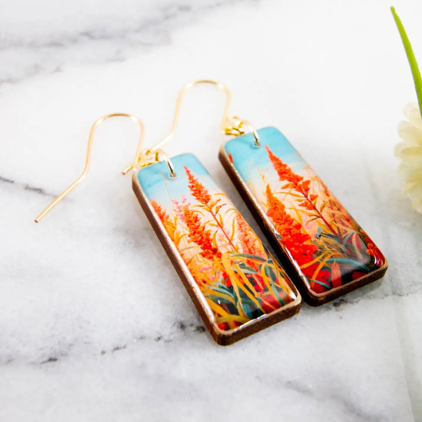 Orange Plume Flower Tapered Rectangle Earrings