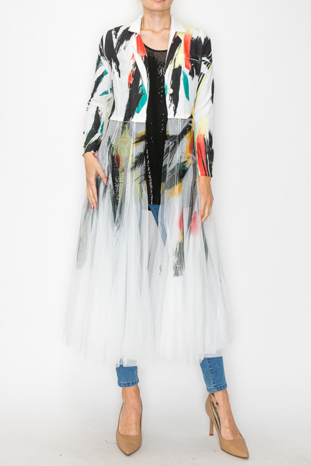 CARDIGAN BLAZER WITH LONG MESH LAYER