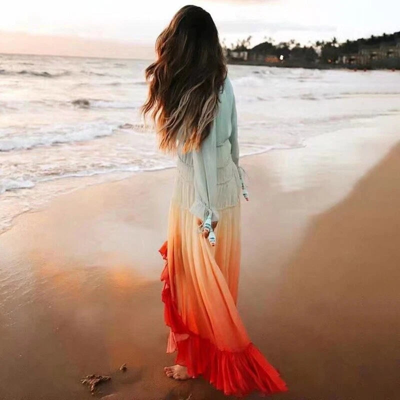 Boho Gradation Chiffon Button Down Dress Rainbow