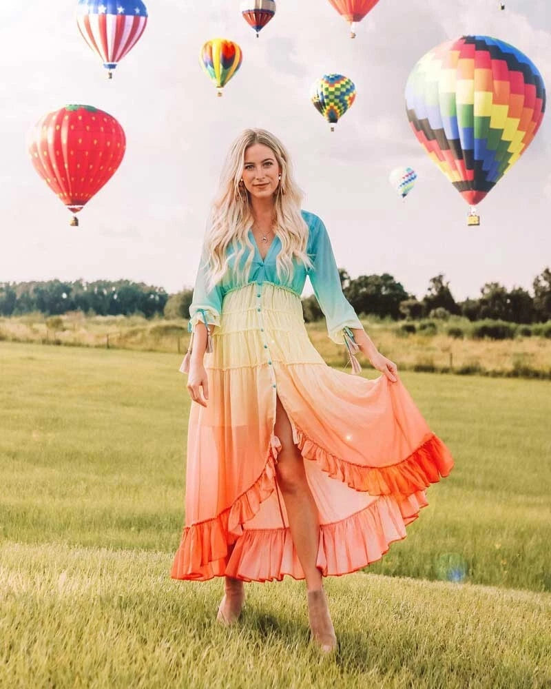 Boho Gradation Chiffon Button Down Dress Rainbow