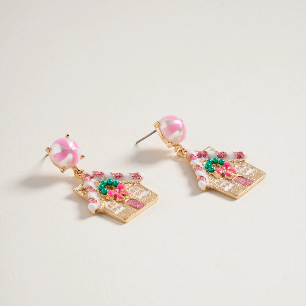 Glitter Gingerbread House W Pearls Post Earrings
