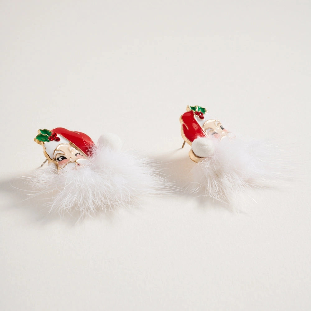 Santa Claus Face with Fur Beard Post Earrings
