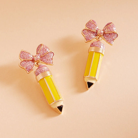 Teachers Day School Pencil Enamel Bow Post Earrings