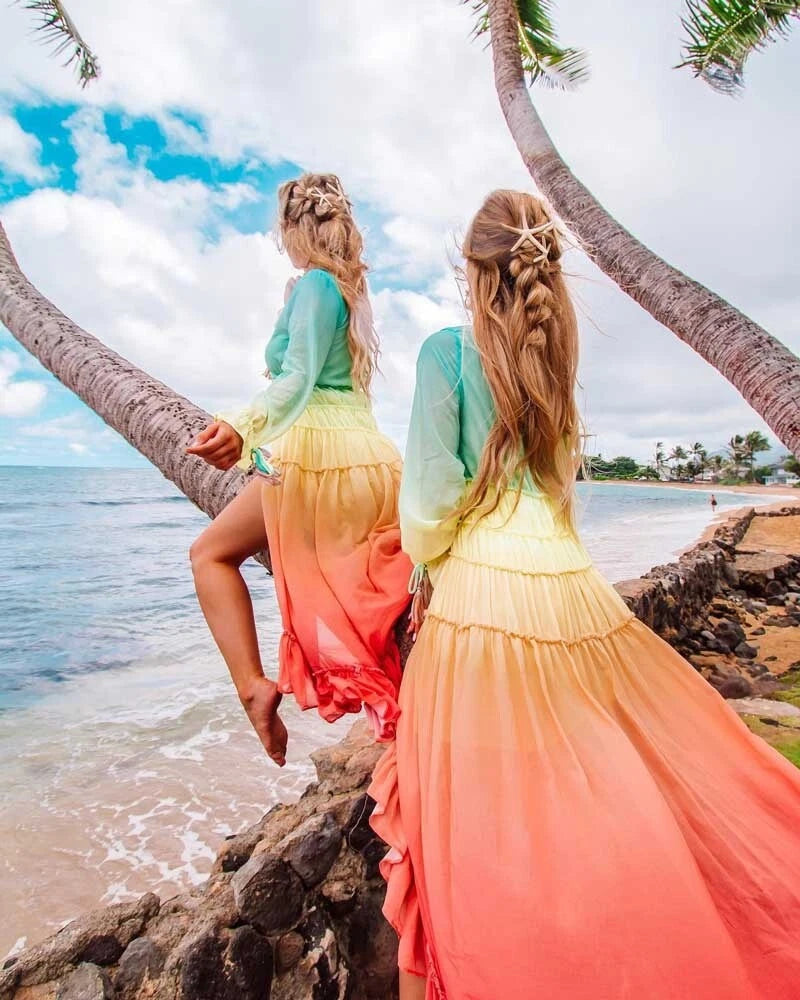 Boho Gradation Chiffon Button Down Dress Rainbow