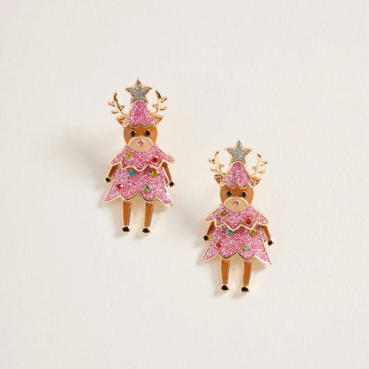 Glitter Christmas Deer W Rhinestone Post Earrings