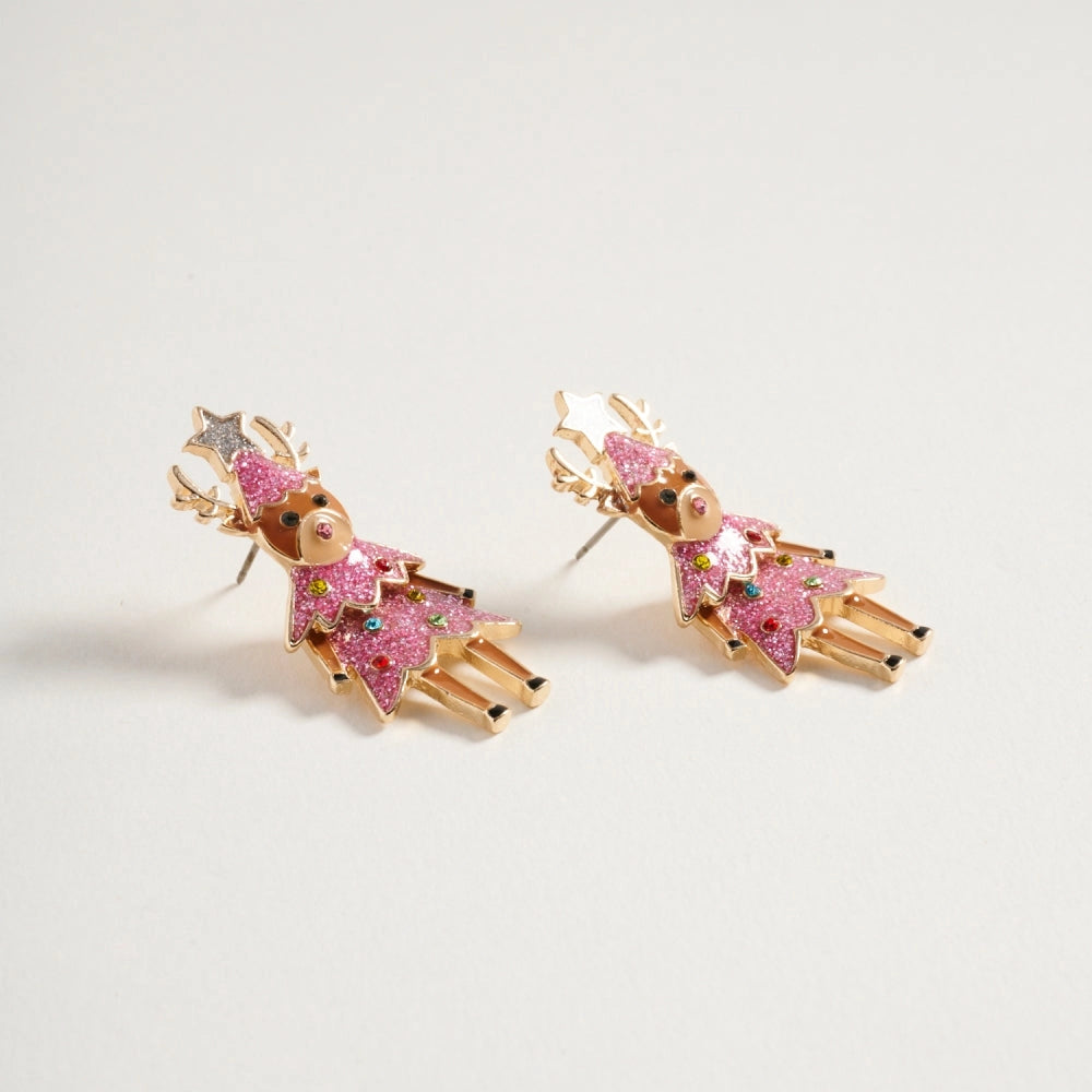 Glitter Christmas Deer W Rhinestone Post Earrings