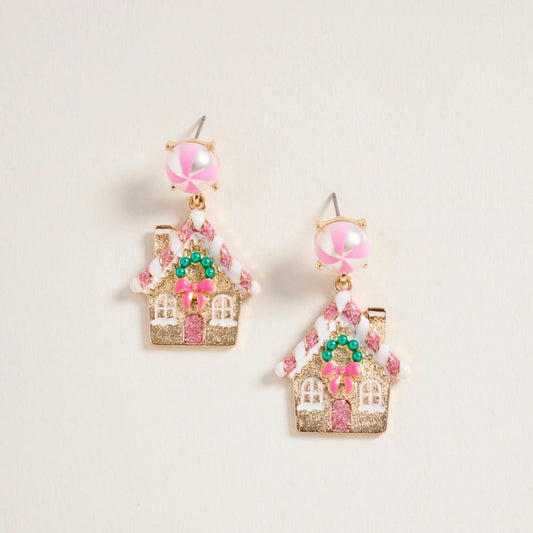 Glitter Gingerbread House W Pearls Post Earrings