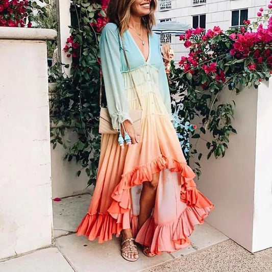 Boho Gradation Chiffon Button Down Dress Rainbow